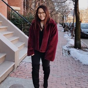 Burgundy fuzzy coat